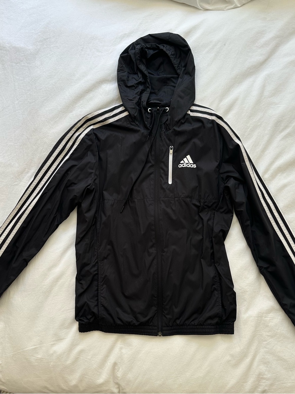 Adidas Black Hooded Windbreaker with White Three-Stripes